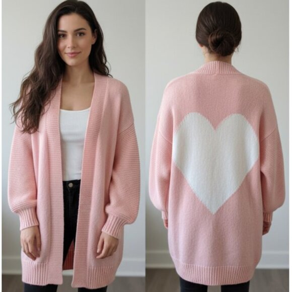 Crown & Ivy Cardigan Womens Pink Heart Knit Sweater Balloon Sleeves Oversized S - Picture 1 of 7